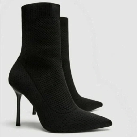 Zara Trafaluc Black Stretchy Sock Mesh Pointed Toe Ankle Boot Stiletto Heels - Picture 7 of 16